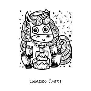 Desenho para colorir de um unicórnio animado com um bolo de aniversário