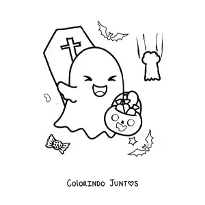 Desenho para colorir de fantasma kawaii com doces de Halloween