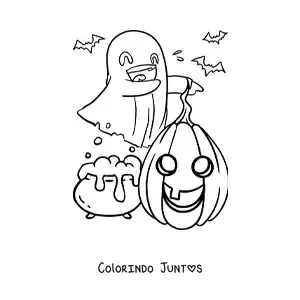 Desenho para colorir de fantasma bonito com abóbora de Halloween
