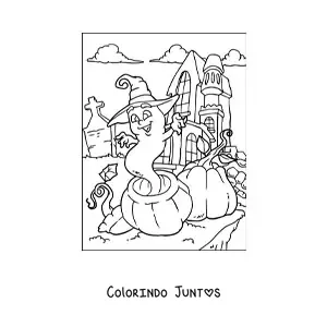Desenho para colorir de fantasma animado com chapéu de bruxa e casa mal-assombrada