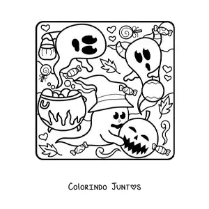 Desenho para colorir de fantasma com chapéu de bruxa e caldeirão