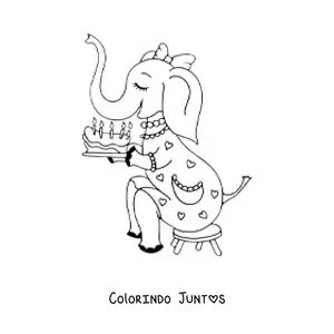 Desenho para colorir de um elefante animado com um bolo de aniversário