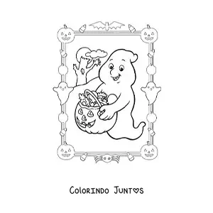 Desenho para colorir de fantasma de desenho animado com doces de Halloween