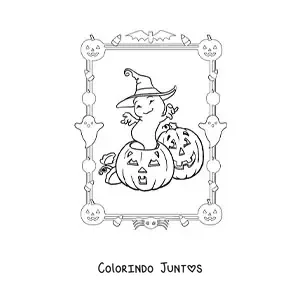 Desenho para colorir de fantasma de desenho animado com chapéu de bruxa no Halloween