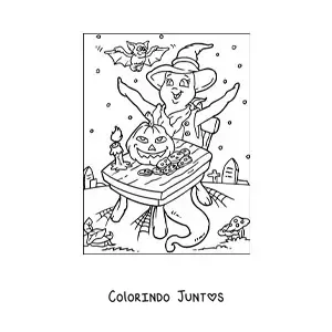 Desenho para colorir de fantasma animado com abóbora de Halloween e morcegos