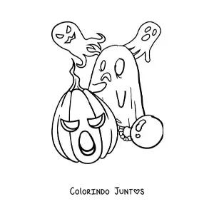 Desenho para colorir de fantasmas e criança fantasiada de fantasma no Halloween