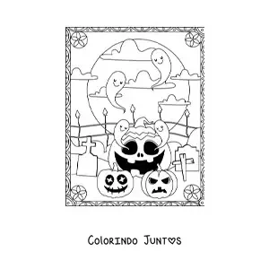 Desenho para colorir de fantasmas com abóboras de Halloween assustadoras