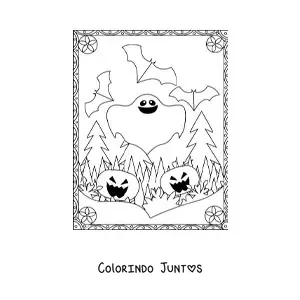 Desenho para colorir de fantasma com abóboras de Halloween assustadoras e morcegos