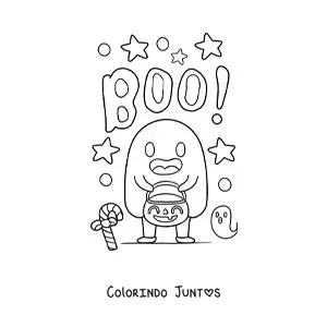 Desenho para colorir de criança fantasiada de fantasma no Halloween