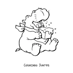 Desenho para colorir de um hipopótamo animado comendo um bolo