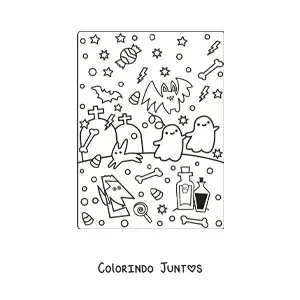 Desenho para colorir de fantasmas kawaii com doces de Halloween e morcegos