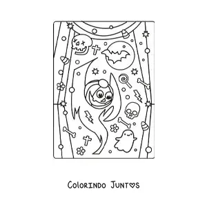 Desenho para colorir de fantasma kawaii com abóbora de Halloween e doces
