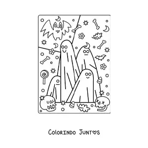 Desenho para colorir de fantasmas animados com morcego kawaii