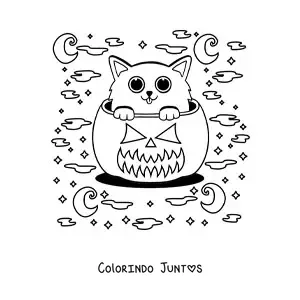 Desenho para colorir de gato kawaii na abóbora de Halloween