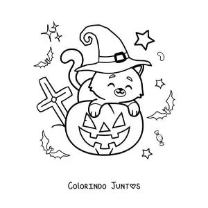 Desenho para colorir de gato kawaii com chapéu de bruxa e abóbora de Halloween