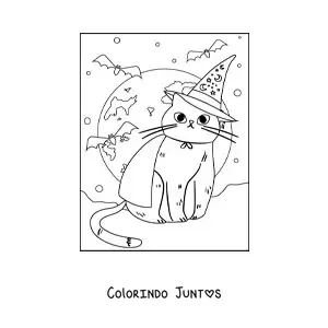 Desenho para colorir de gato kawaii com chapéu de bruxa e morcegos