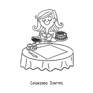 Desenho para colorir de uma mamãe colocando um bolo em uma mesa