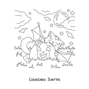 Desenho para colorir de gato kawaii mordendo uma abóbora de Halloween