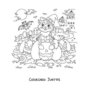 Desenho para colorir de gato kawaii com chapéu de bruxa sentado em uma abóbora de Halloween
