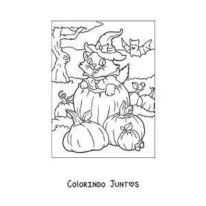 Desenho para colorir de gato kawaii com chapéu de bruxa dentro de uma abóbora de Halloween