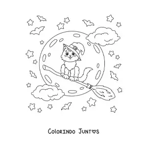 Desenho para colorir de gato kawaii com chapéu de bruxa voando na vassoura