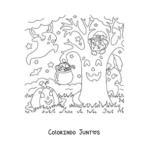 Desenho para colorir de gato kawaii com chapéu de bruxa sobre uma árvore sombria