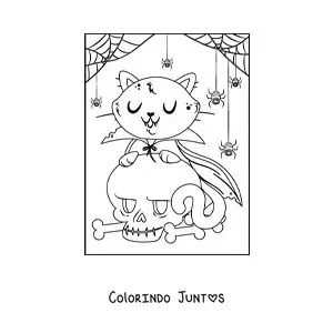 Desenho para colorir de gato vampiro com caveira e teias de aranha