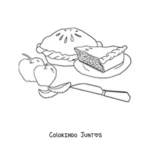 Desenho para colorir de uma torta de maçã com duas maçãs e uma faca