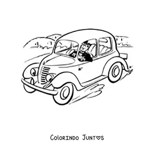 Desenho para colorir de um homem elegante dirigindo um carro antigo