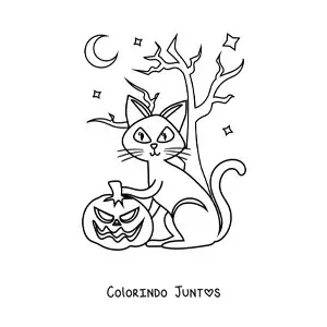 Desenho para colorir de gato animado com abóbora de Halloween