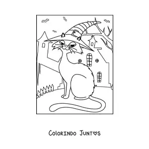 Desenho para colorir de gato animado com chapéu de bruxa em casa mal-assombrada