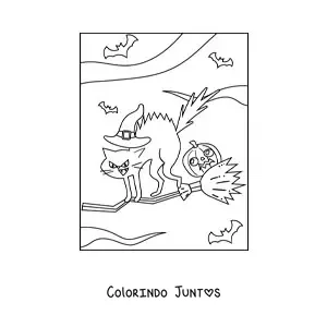 Desenho para colorir de gato voando na vassoura de bruxa no Halloween