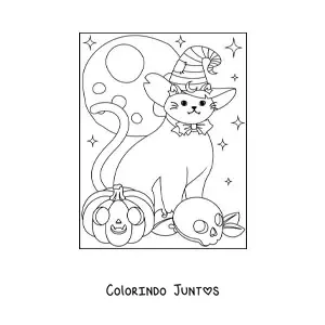 Desenho para colorir de gato kawaii com chapéu de bruxa e caveira