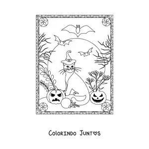 Desenho para colorir de gato com abóboras de Halloween assustadoras e morcegos