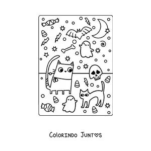 Desenho para colorir de gatos animados com fantasmas e doces de Halloween