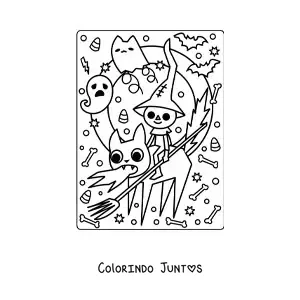 Desenho para colorir de gato com fantasma kawaii de Halloween
