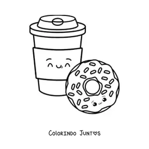 Desenho para colorir de uma rosquinha e um café kawaii