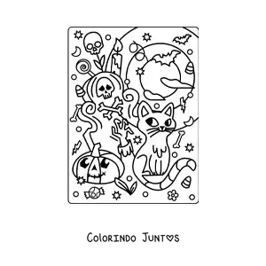 Desenho para colorir de gato animado com túmulo e abóbora kawaii no Halloween