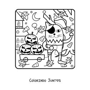 Desenho para colorir de desenho de gato com abóboras de Halloween