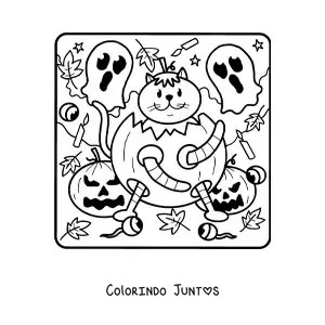 Desenho para colorir de desenho de gato em uma abóbora de Halloween com fantasmas