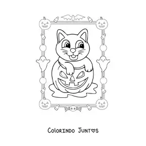 Desenho para colorir de desenho de gato fofo em abóbora de Halloween