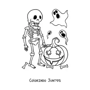 Desenho para colorir de esqueleto com fantasmas e abóbora de Halloween