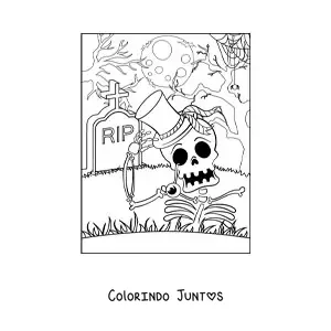 Desenho para colorir de esqueleto assustador em seu túmulo na noite de Halloween