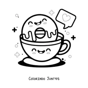 Desenho para colorir de uma rosquinha kawaii em uma xícara de café kawaii