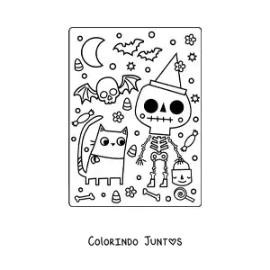Desenho para colorir de esqueleto animado com doces de Halloween