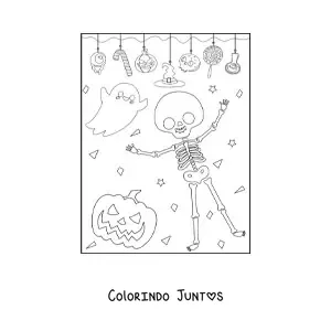 Desenho para colorir de esqueleto animado com fantasma na festa de Halloween