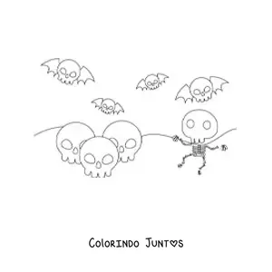 Desenho para colorir de esqueleto e caveiras de Halloween