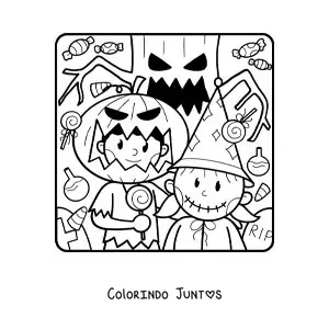 Desenho para colorir de crianças fantasiadas de monstros no Halloween