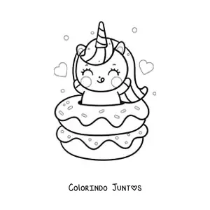 Desenho para colorir de um unicórnio kawaii dentro de duas rosquinhas gigantes