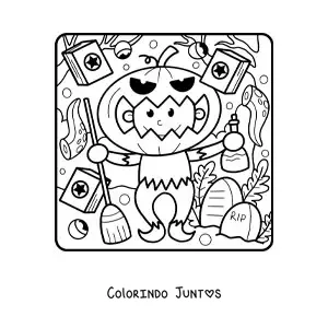 Desenho para colorir de criança fantasiada com máscara de abóbora no Halloween